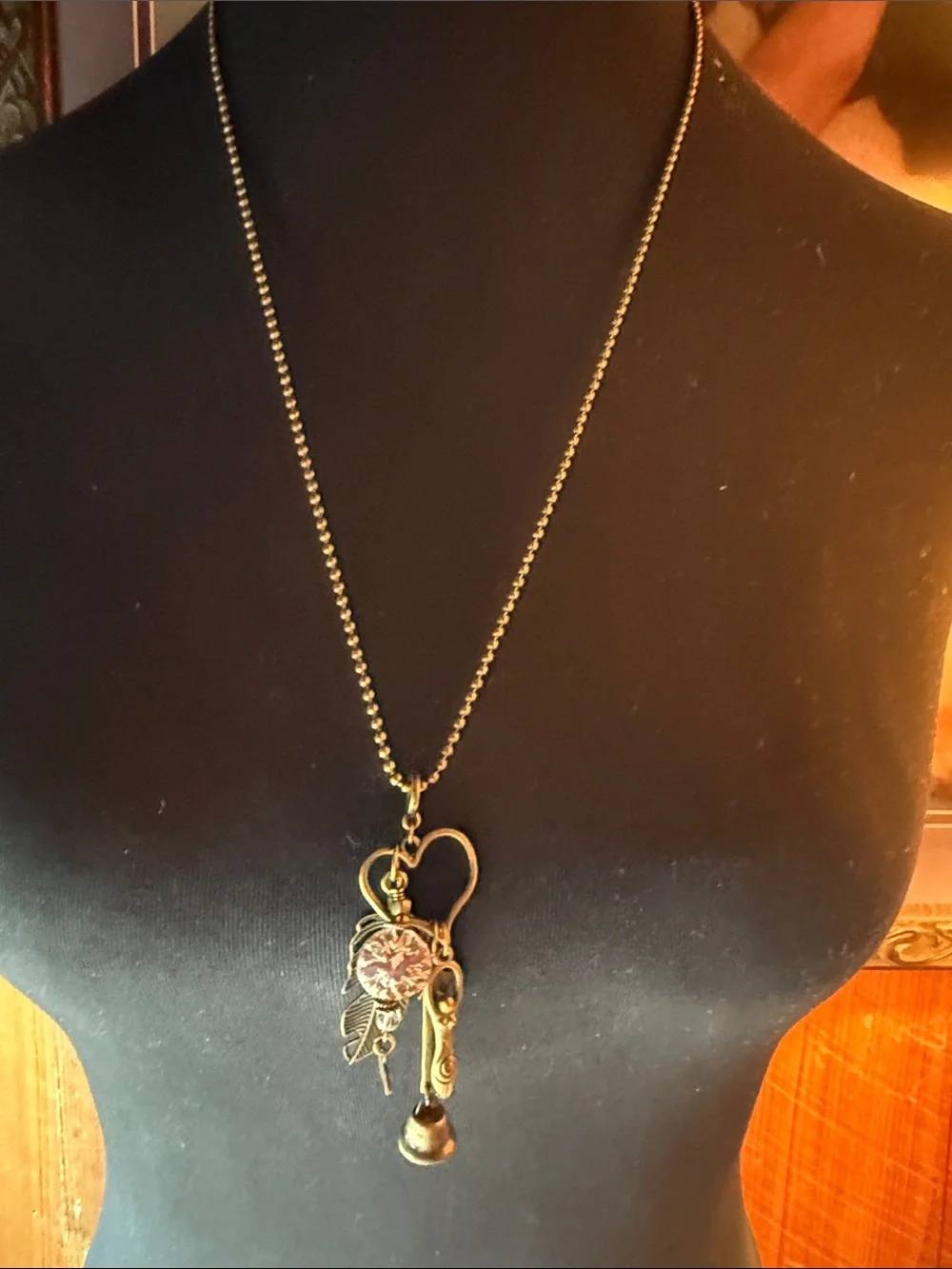 Vintage-Style Bronze Heart & Feather Pendant 26” Necklace with Pink Crystal